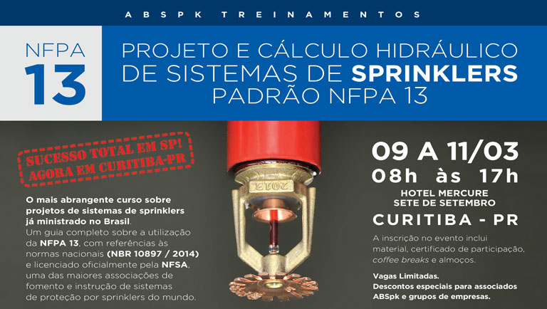Evento ABSPK: Projeto e cálculo hidráulico de sistemas de Sprinklers padrão NFPA 13