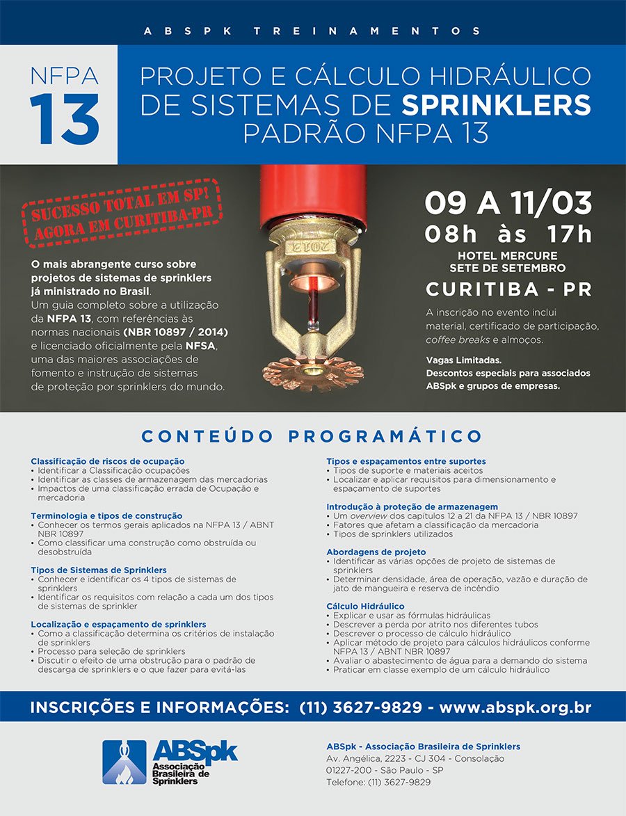 Evento ABSPK: Projeto e cálculo hidráulico de sistemas de Sprinklers padrão NFPA 13