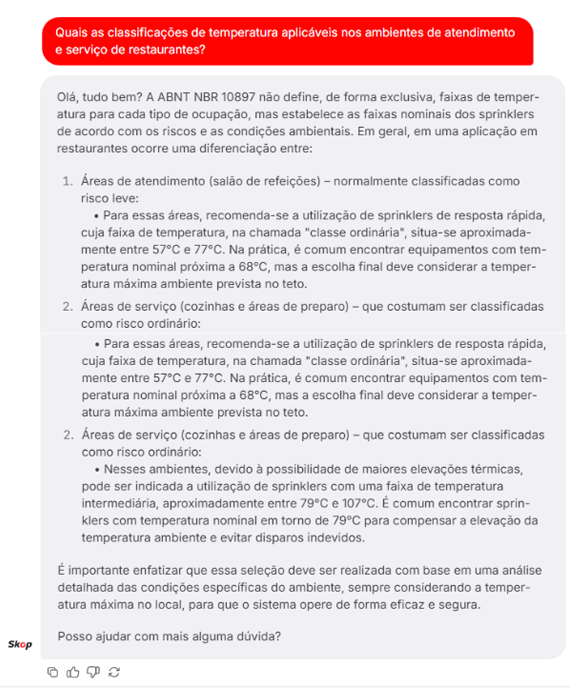 como usar SkopIA, print da resposta: Quais as classificações de temperatura aplicáveis nos ambientes de atendimento e serviço de restaurantes?