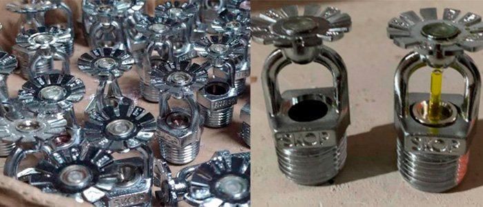 Sprinklers com bulbos rompidos devido ao excesso de calor durante o transporte